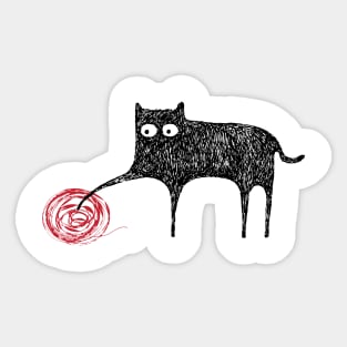 Cute Black Scribble Cat Playing With Ball of Yarn Sticker